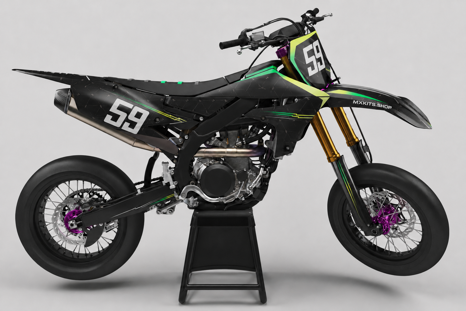 Sponsor-free black Yamaha supermoto bike with lime and purple Neon Eclipse graphics, MXKITS.SHOP branding and race number 59