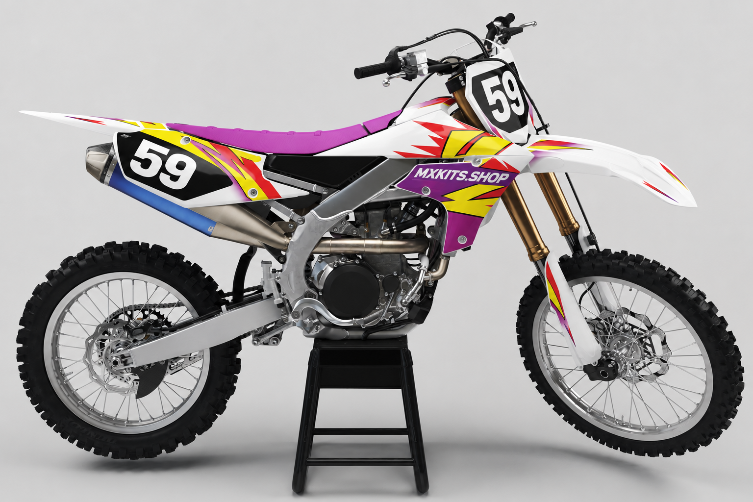 White retro Yamaha motocross graphics kit with magenta, yellow and red accents and number 59