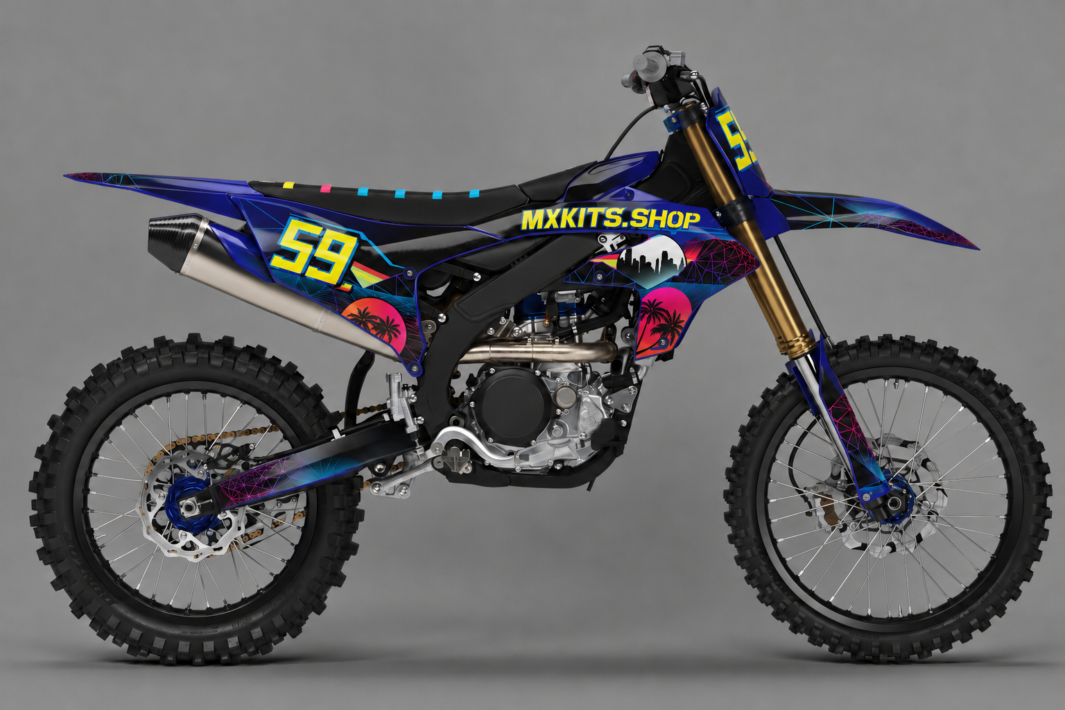 Sponsor-free dark blue Yamaha motocross bike with neon tropical graphics, MXKITS.SHOP branding and race number 59