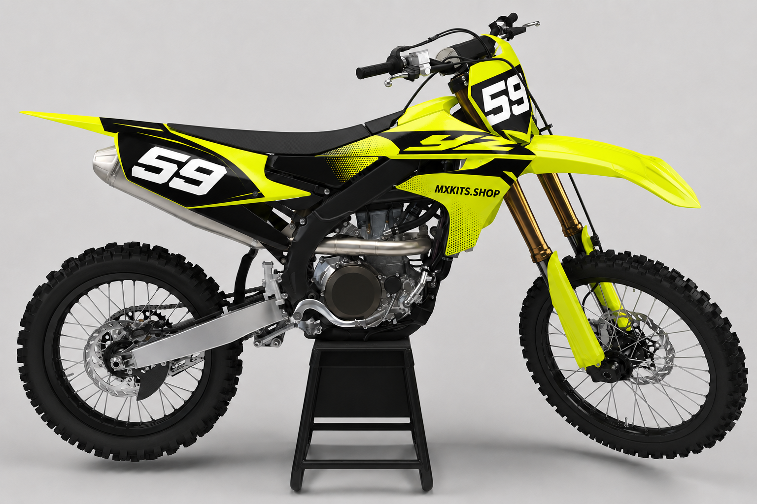 Neon yellow and black Yamaha motocross decal set with number 59 and MXKITS.SHOP branding