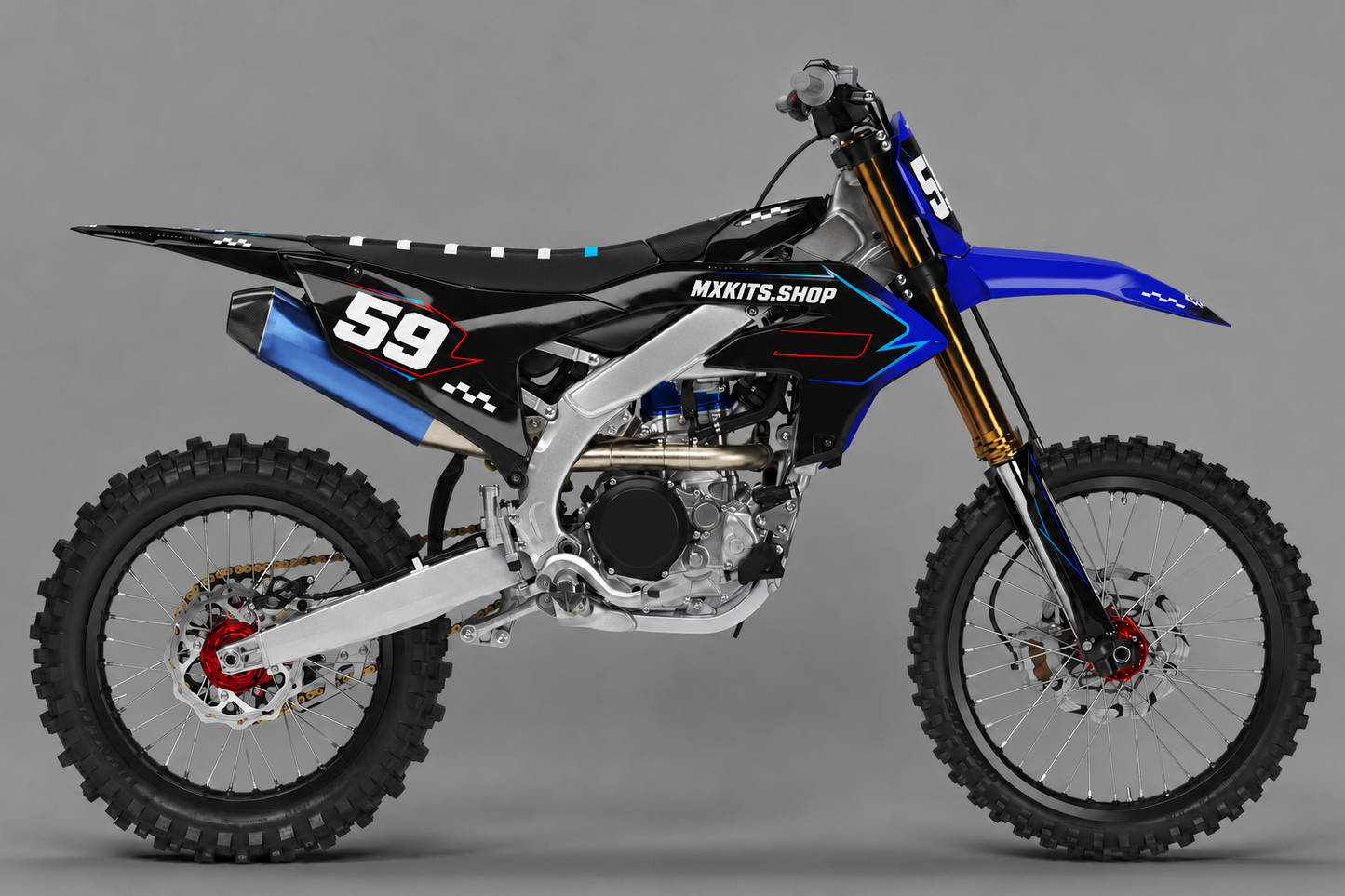 Sponsor-free black and deep blue Yamaha motocross bike with red and cyan Nightfire Circuit graphics, MXKITS.SHOP branding and race number 59