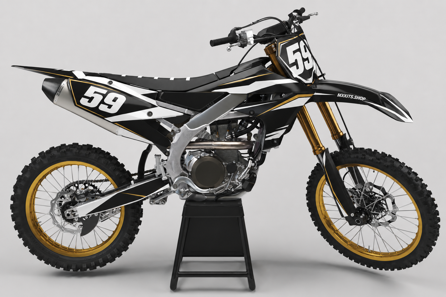 Sponsor-free black Yamaha motocross bike with white and gold Obsidian Crown graphics, MXKITS.SHOP branding and race number 59
