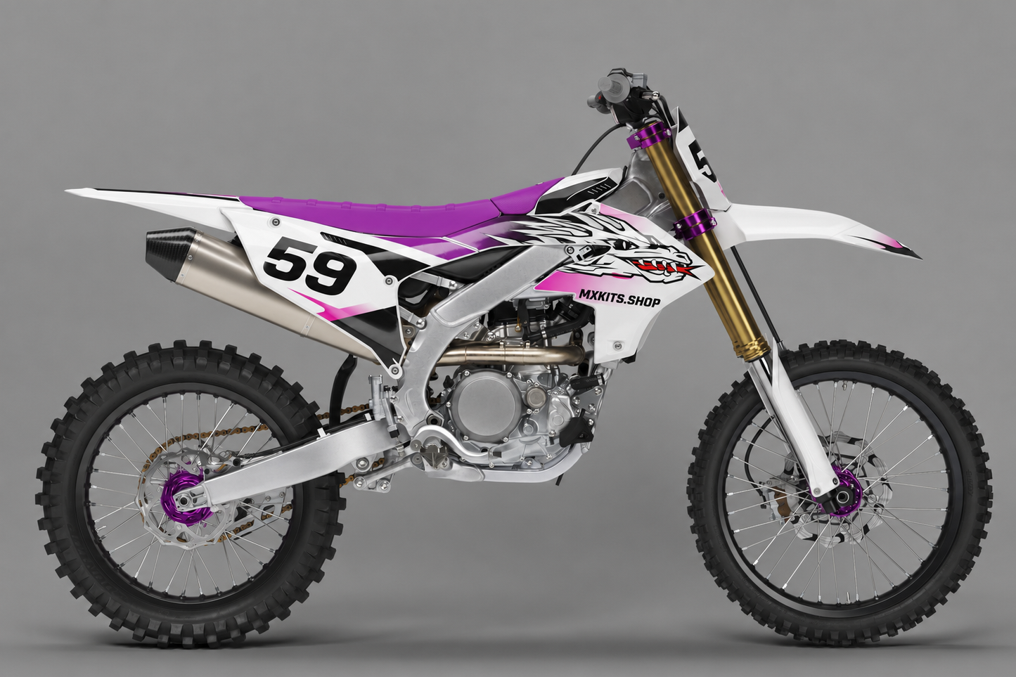 Sponsor-free white purple and pink Yamaha motocross bike with Orchid Fang creature graphics, MXKITS.SHOP branding and race number 59