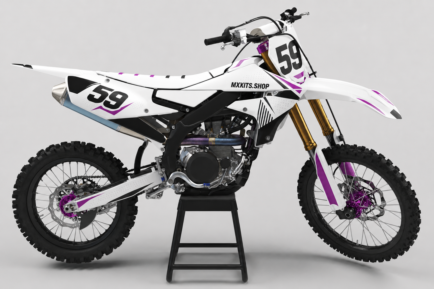 Sponsor-free white and black Yamaha motocross bike with purple Orchid Pulse graphics, MXKITS.SHOP branding and race number 59