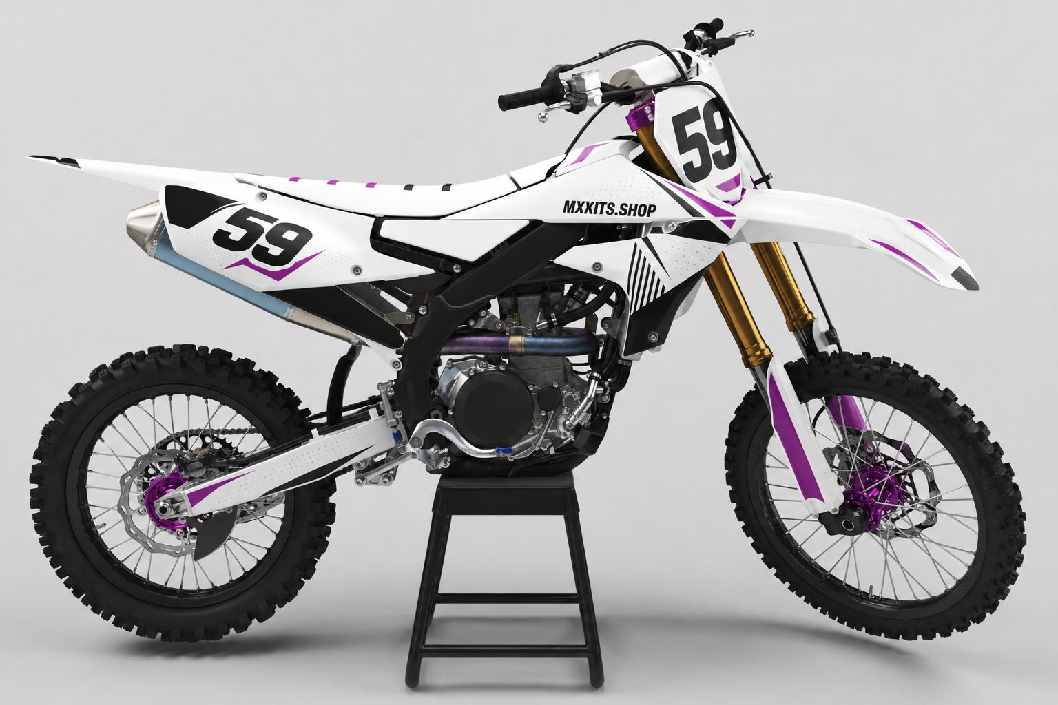 Sponsor-free white and black Yamaha motocross bike with purple Orchid Pulse graphics, MXKITS.SHOP branding and race number 59