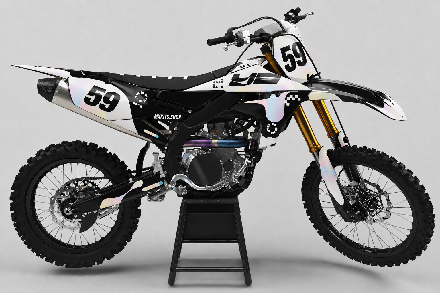 Pearlescent black and white Yamaha motocross decal set with pastel accents and number 59
