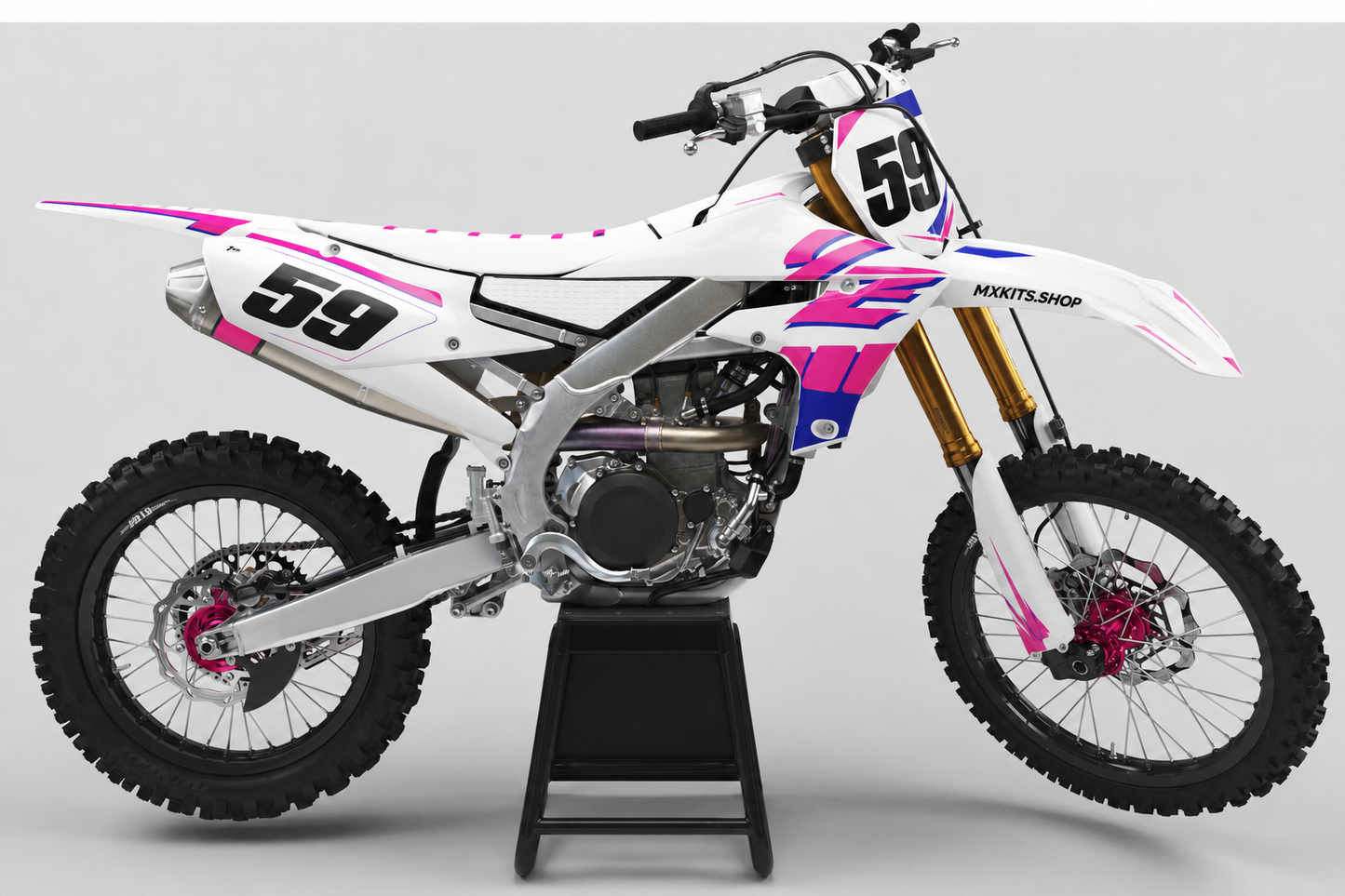 Sponsor-free white Yamaha motocross bike with vivid pink and blue Pink Apex graphics, MXKITS.SHOP branding and number 59