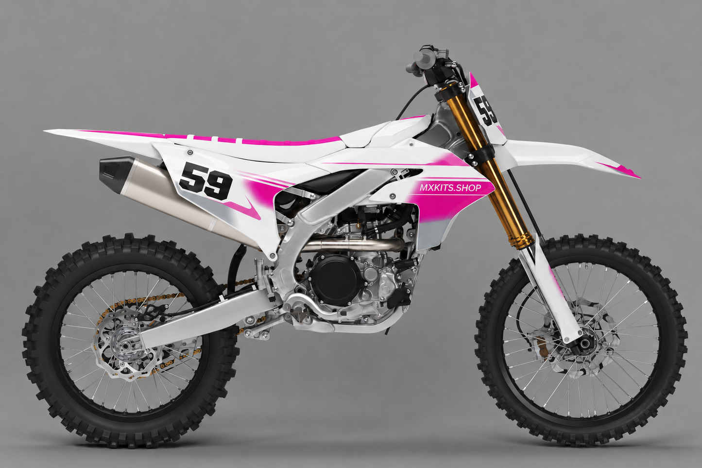White pink and silver Yamaha motocross graphics kit with number 59 and MXKITS.SHOP branding
