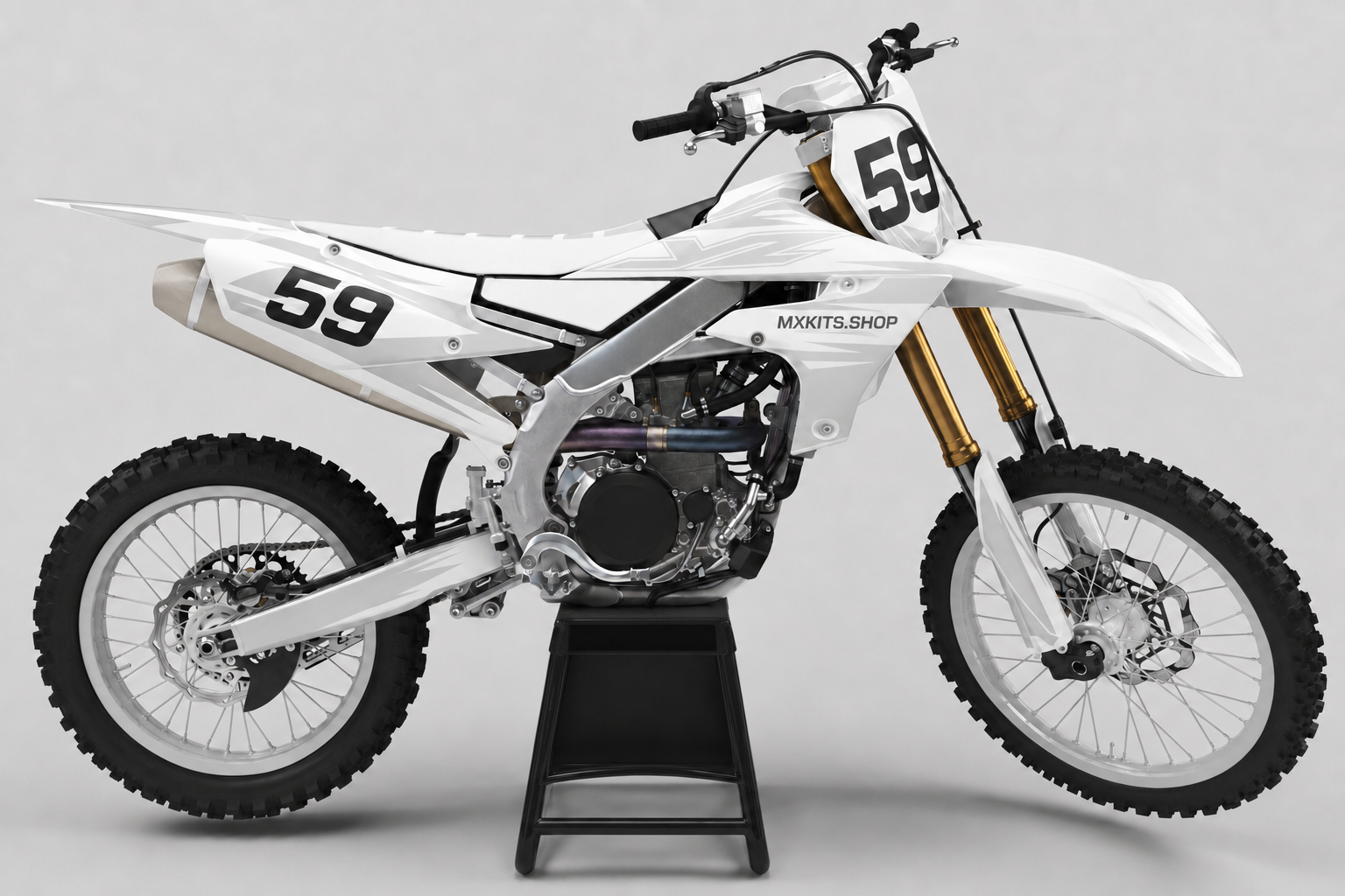 Sponsor-free white and silver Yamaha motocross bike with subtle Polar Trace graphics, MXKITS.SHOP branding and race number 59