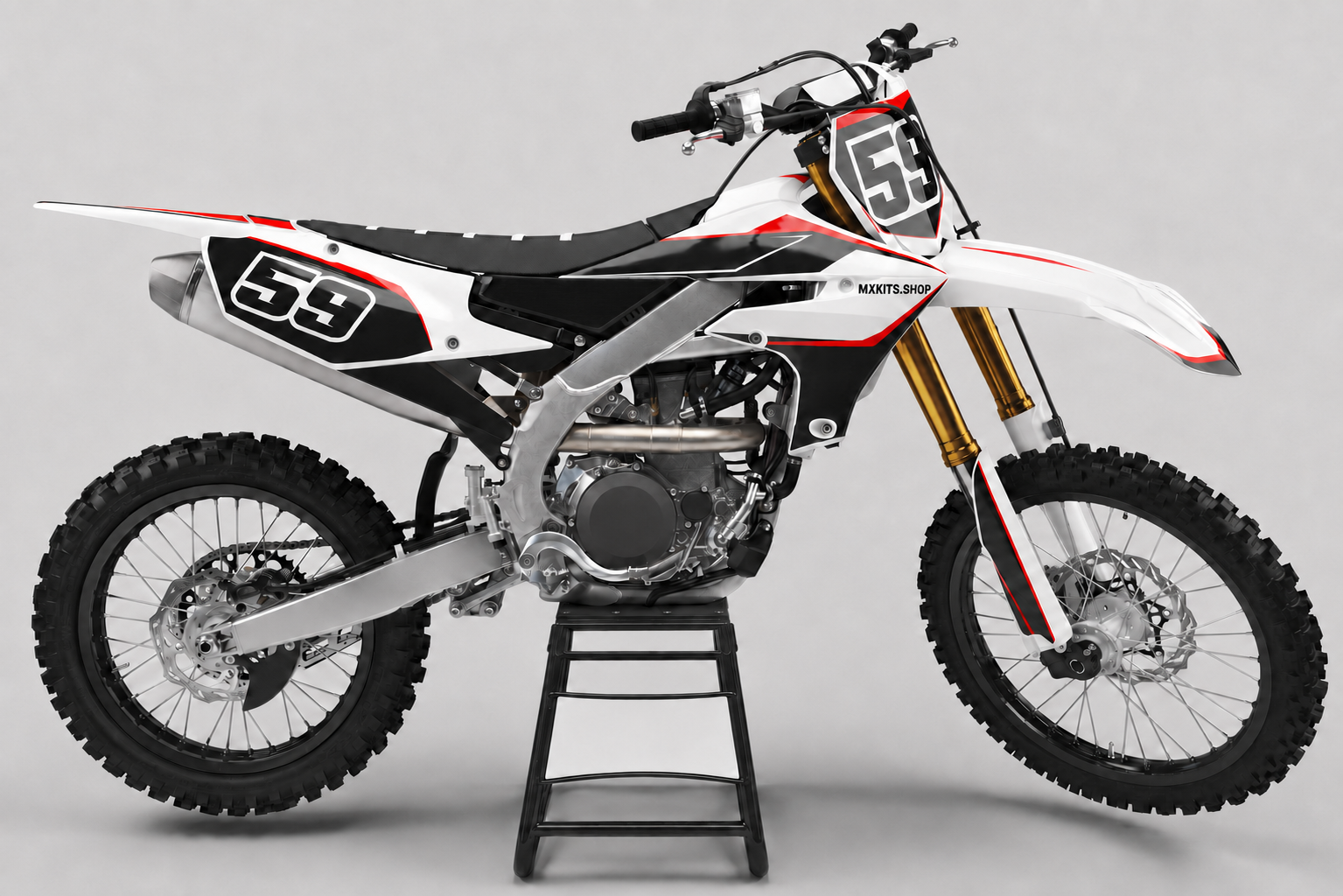 Sponsor-free white black and red Yamaha motocross bike with Razorline White graphics, MXKITS.SHOP branding and race number 59