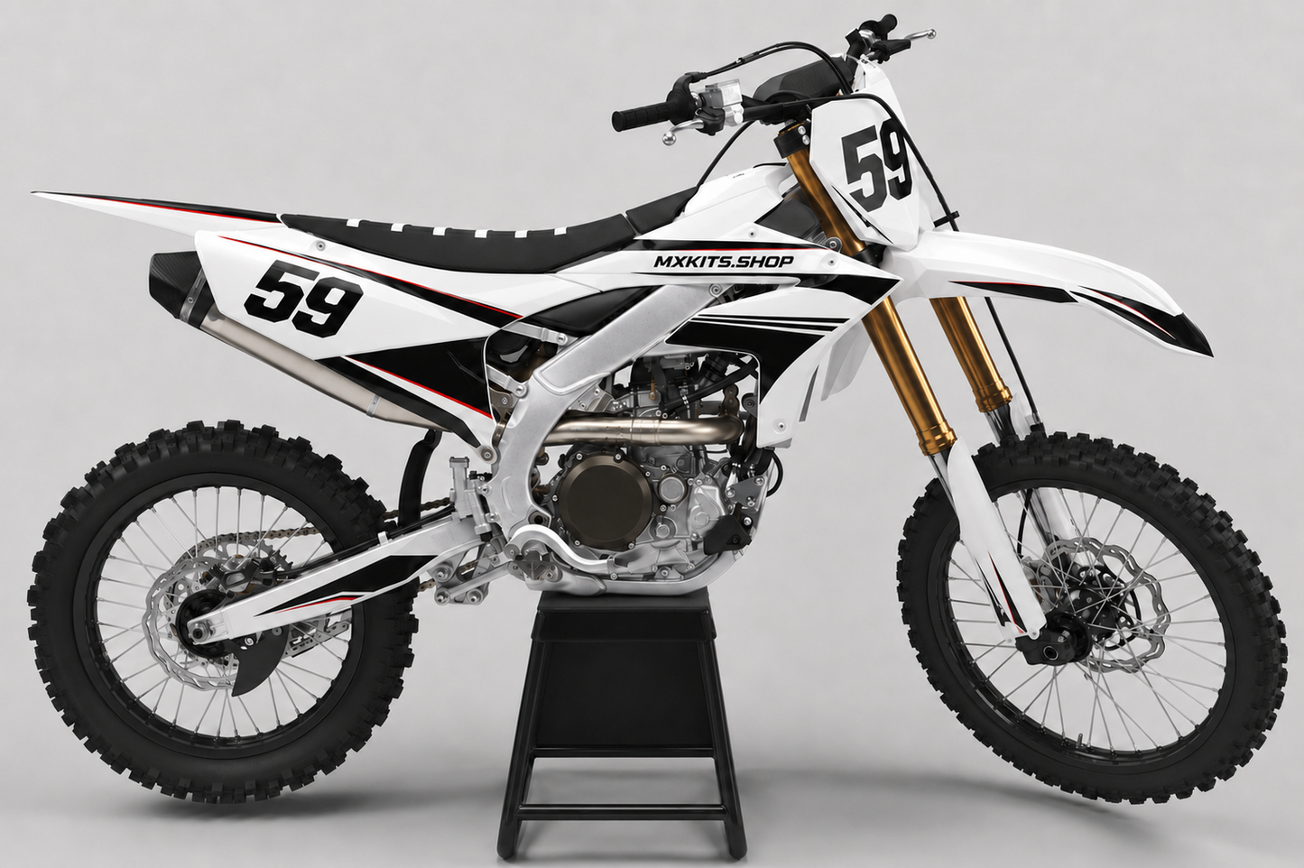 Sponsor-free white Yamaha motocross bike with black and fine red Razorline graphics, MXKITS.SHOP branding and race number 59