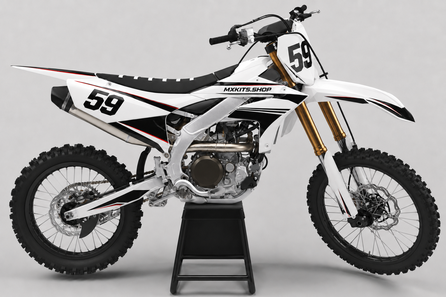 Sponsor-free white Yamaha motocross bike with black and fine red Razorline graphics, MXKITS.SHOP branding and race number 59