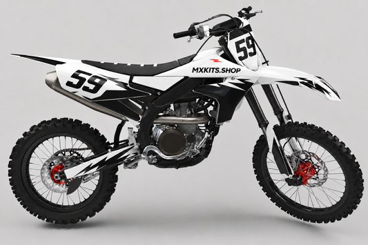 Yamaha Motocross-Motorrad ohne Sponsorenlogos in Weiß und Schwarz mit dem zurückhaltenden roten Motocross-Dekor „Spark“, MXKITS.SHOP-Schriftzug und Startnummer 59