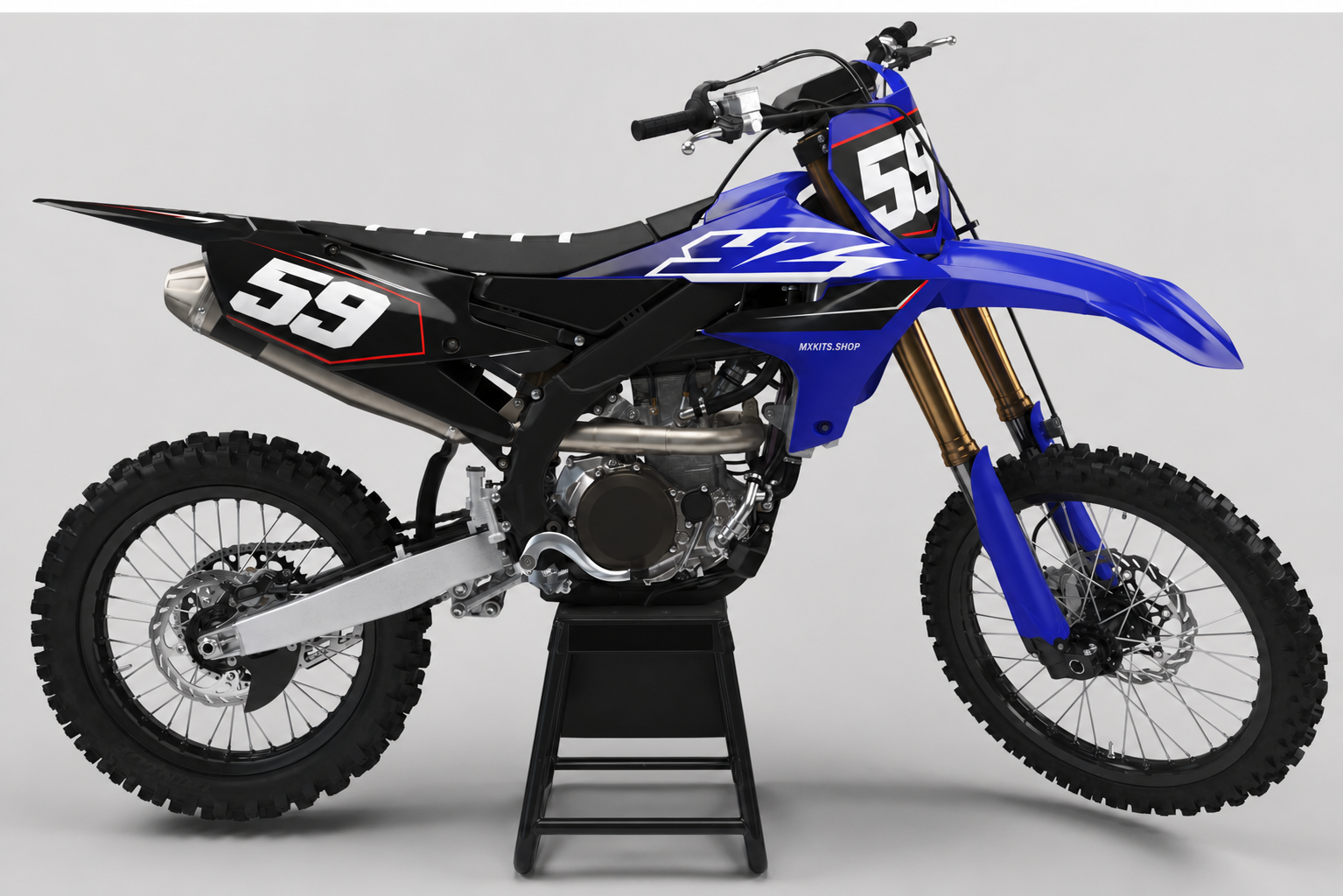 Sponsor-free cobalt blue and black Yamaha motocross bike with white and red Redline Cobalt graphics, MXKITS.SHOP branding and race number 59