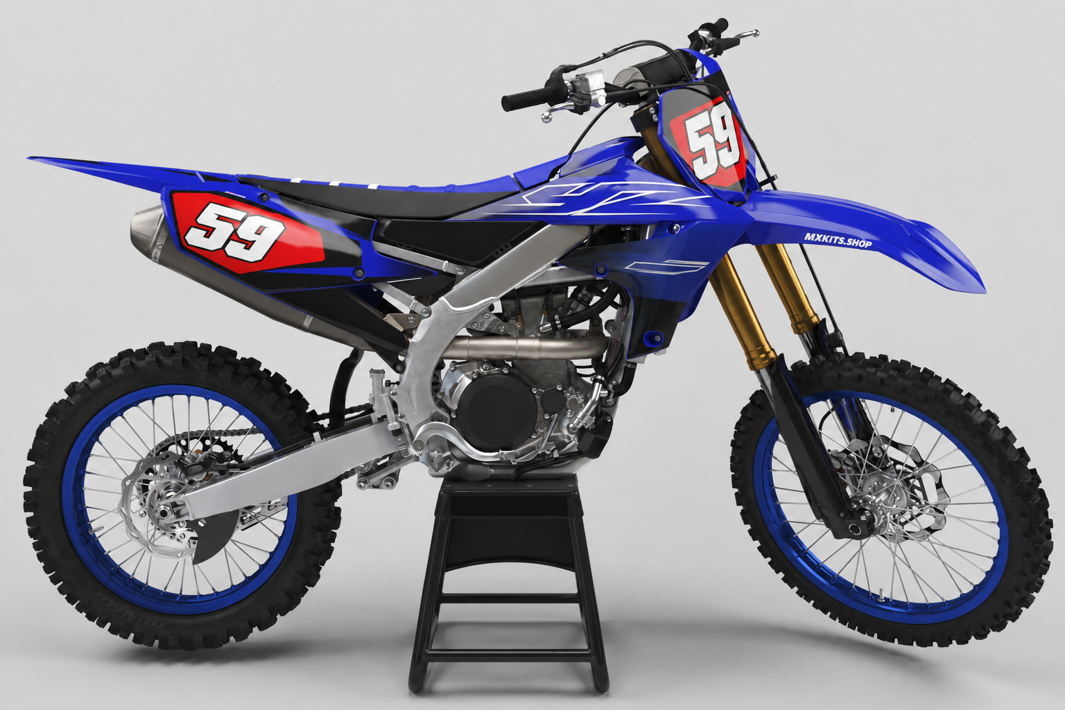 Sponsor-free blue Yamaha motocross bike with red and white Redline Crest graphics, MXKITS.SHOP branding and race number 59