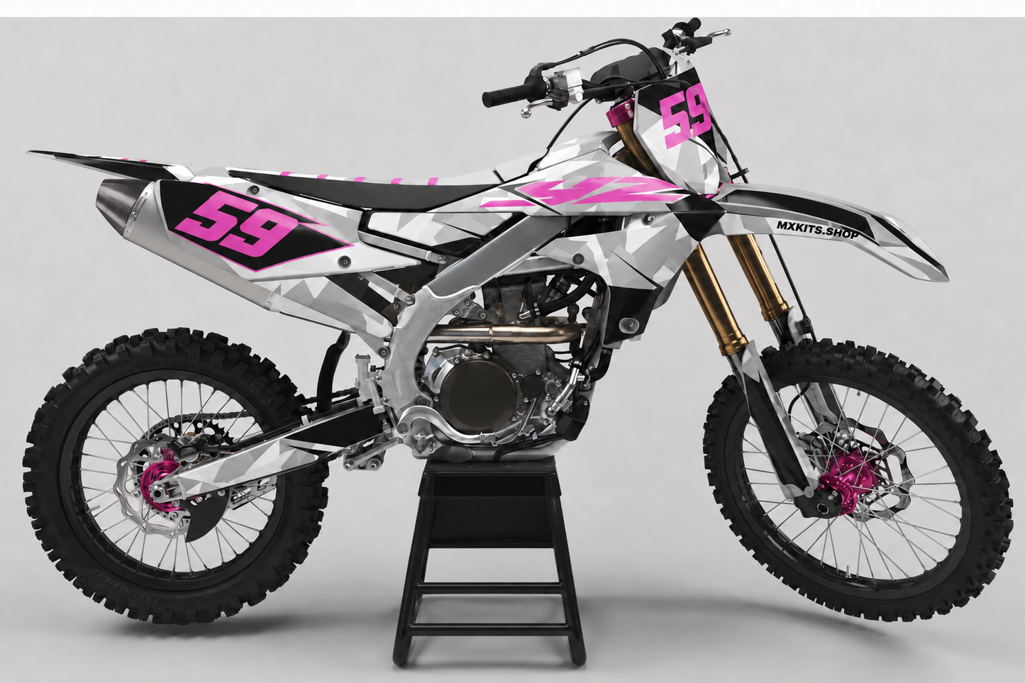 Sponsor-free white and gray Yamaha motocross bike with hot pink Rose Facet graphics, MXKITS.SHOP branding and race number 59