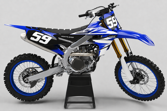 Königsblaues, weißes und schwarzes Yamaha Motocross-Dekor-Kit an einem Motocross-Motorrad in Seitenansicht mit Startnummer 59 und MXKITS.SHOP-Schriftzug