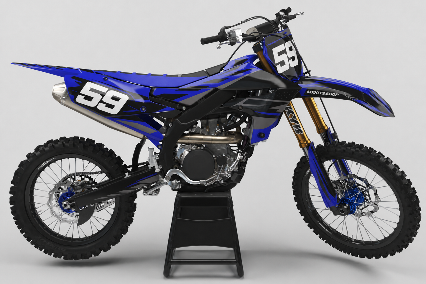 Sponsor-free Yamaha motocross bike with royal blue, black and graphite Royal Nightshift graphics and race number 59
