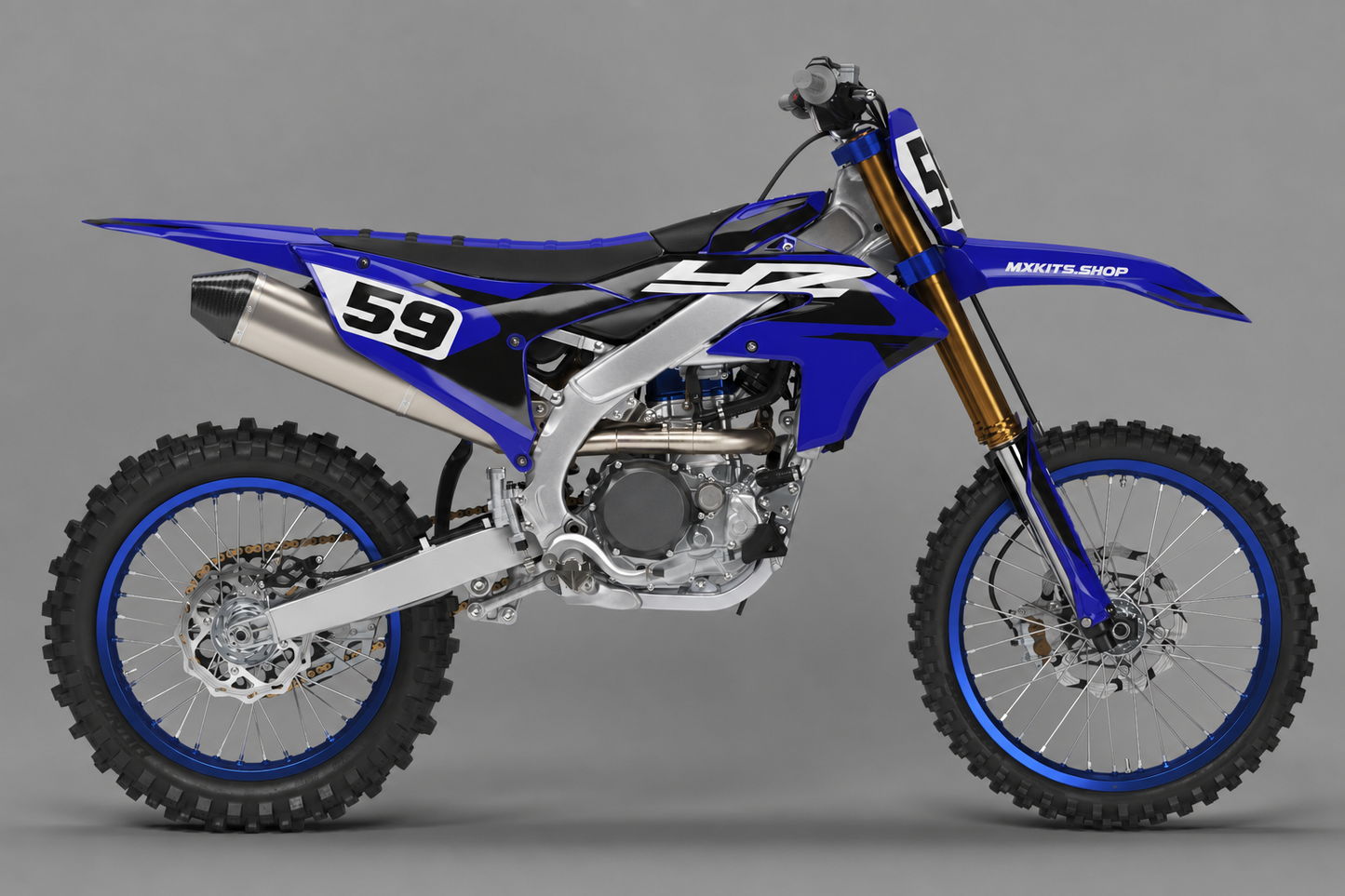 Sponsor-free royal blue and black Yamaha motocross bike with white Royal Velocity graphics, MXKITS.SHOP branding and race number 59