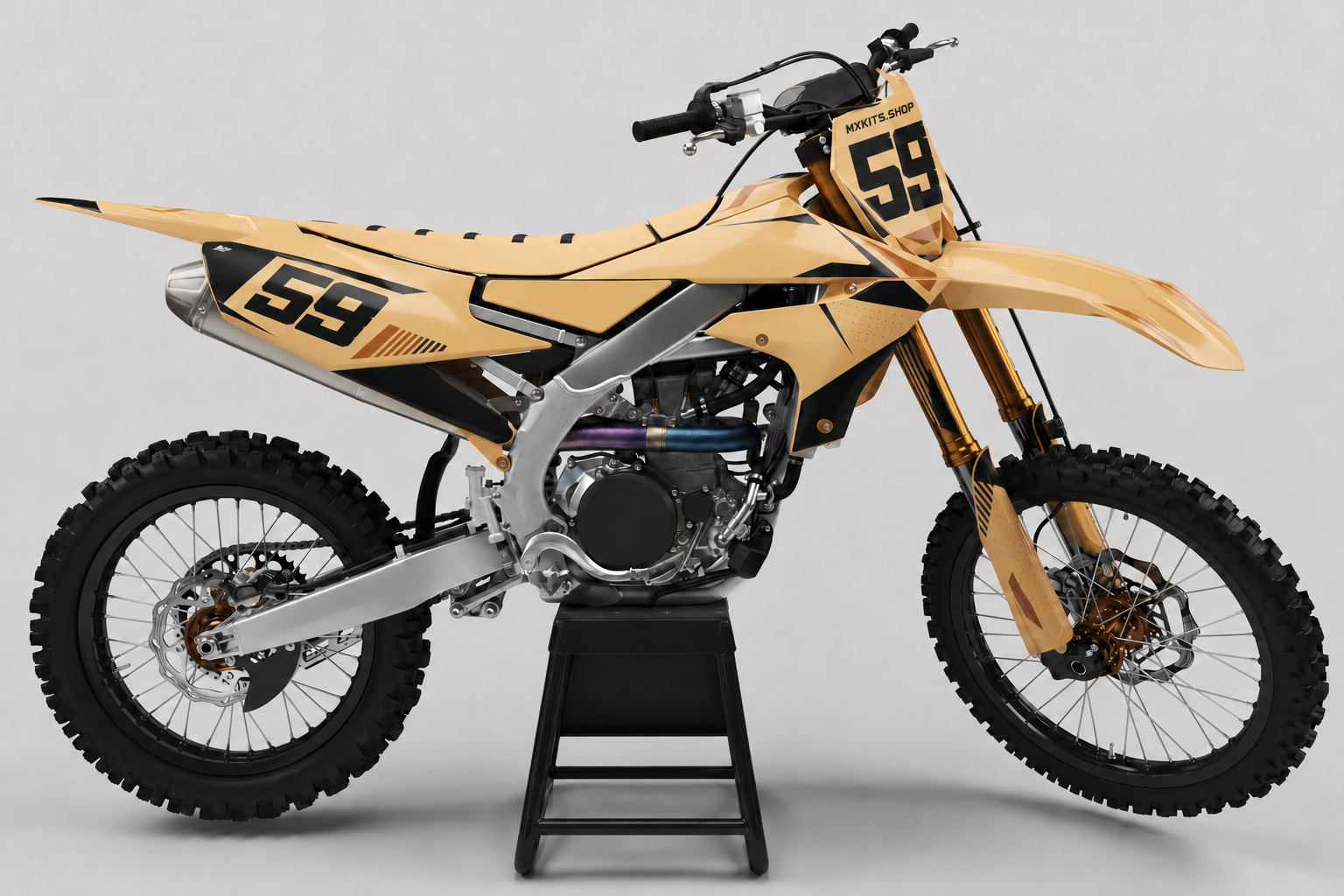 Sponsor-free beige and black Yamaha motocross bike with Sandstone Vector graphics, MXKITS.SHOP branding and race number 59