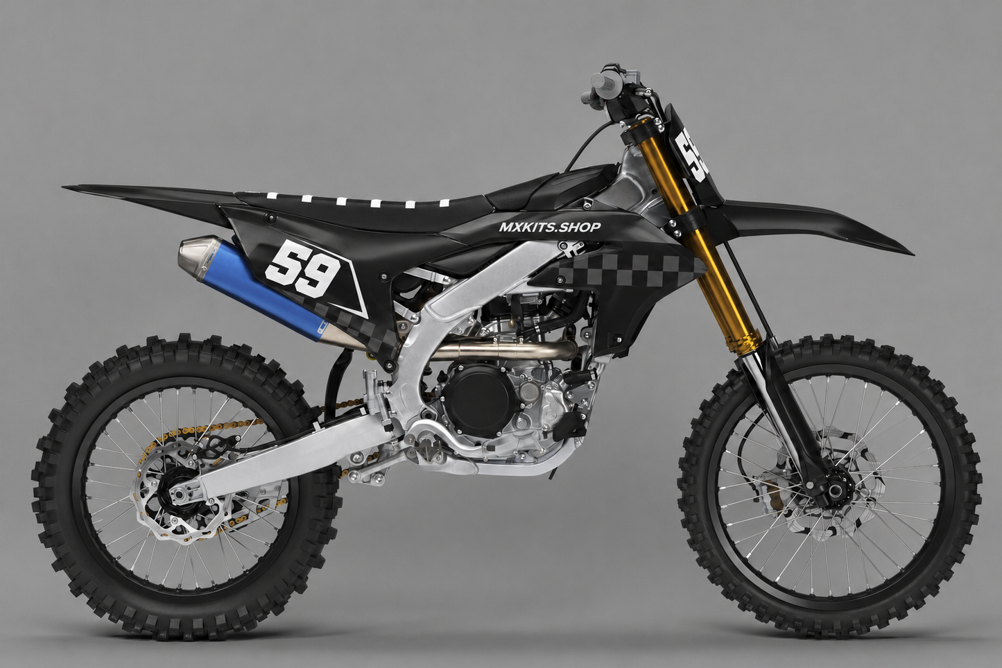 Black charcoal and grey Yamaha motocross decal kit with number 59 and MXKITS.SHOP branding