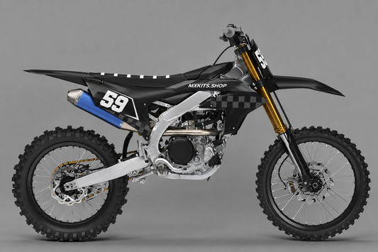Schwarzes, anthrazitfarbenes und graues Yamaha Motocross-Dekor-Kit mit Startnummer 59 und MXKITS.SHOP-Schriftzug