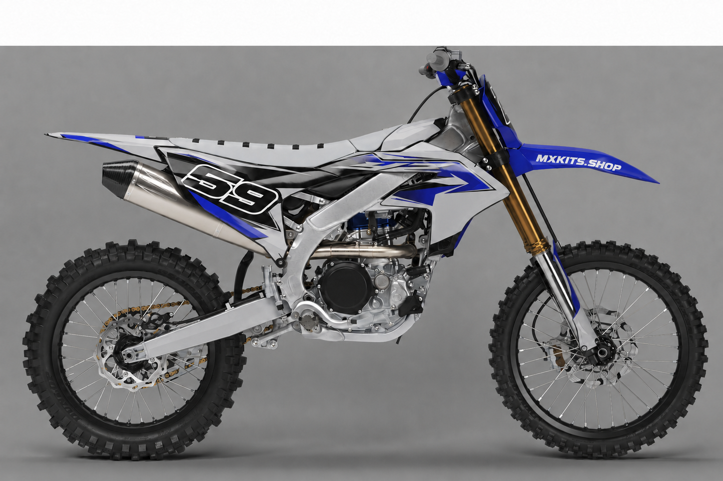 Sponsor-free Yamaha motocross bike with blue, silver and black Silver Rift graphics, MXKITS.SHOP branding and number 59