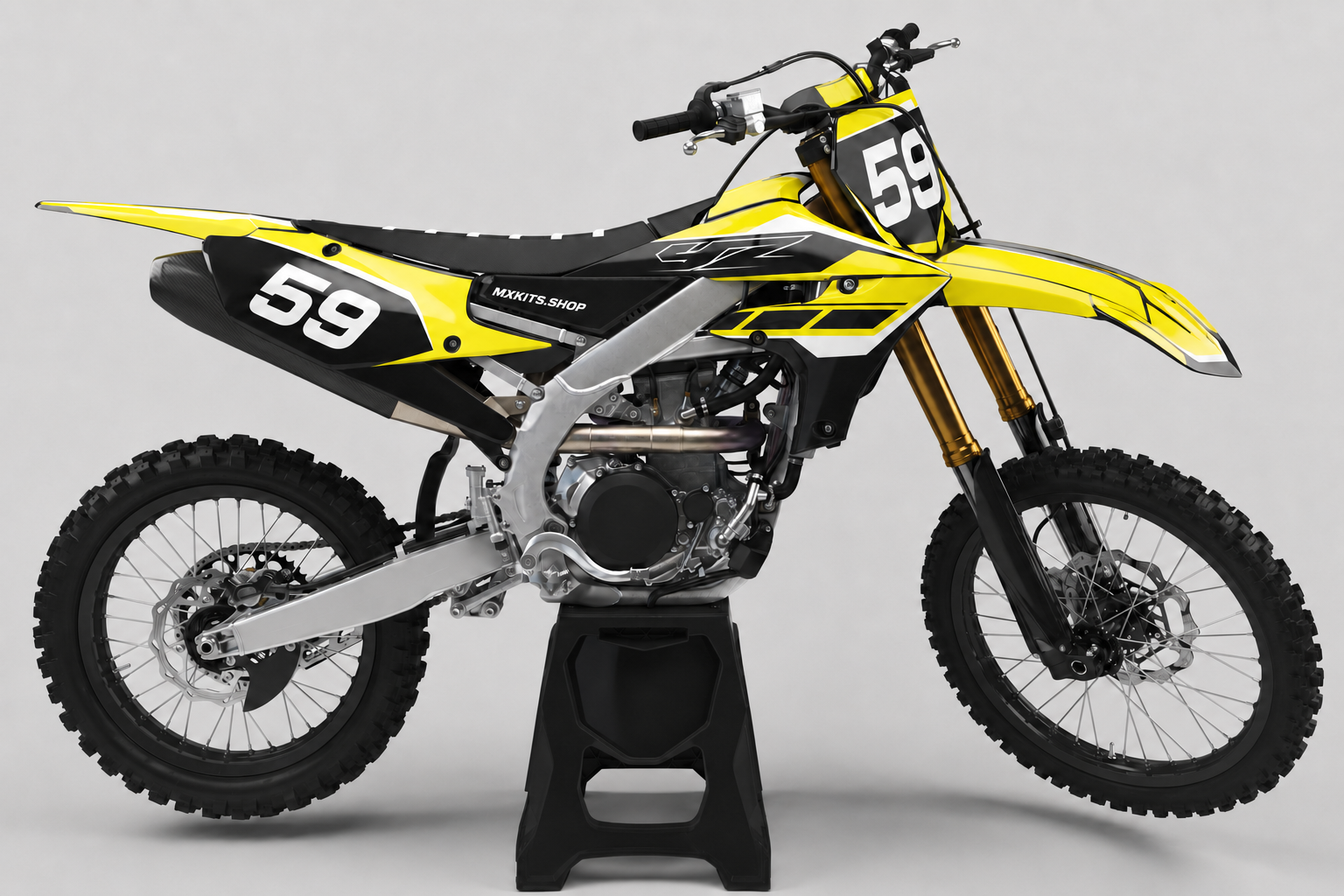 Yellow, black and white Yamaha motocross graphics kit shown on a side-view bike with race number 59