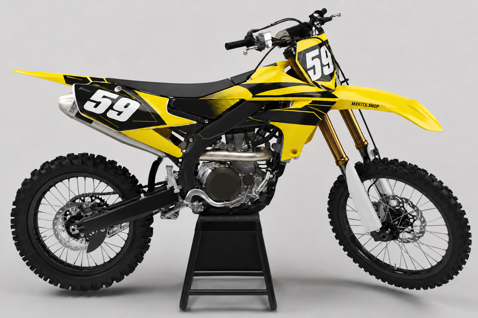 Sponsor-free yellow and black Yamaha motocross bike with Solar Strike graphics, MXKITS.SHOP branding and race number 59