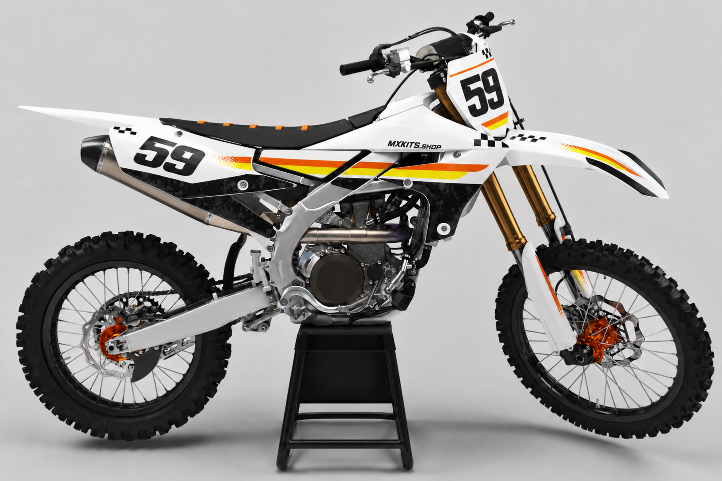 Sponsor-free white black orange and yellow Yamaha motocross bike with Solar White graphics, MXKITS.SHOP branding and race number 59
