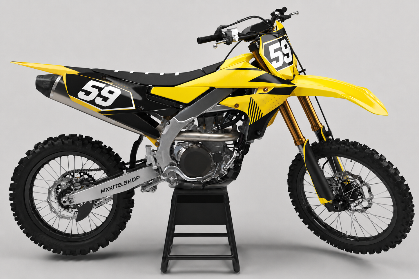 Sponsor-free yellow and black Yamaha motocross bike with Sunburst Apex graphics, MXKITS.SHOP branding and race number 59