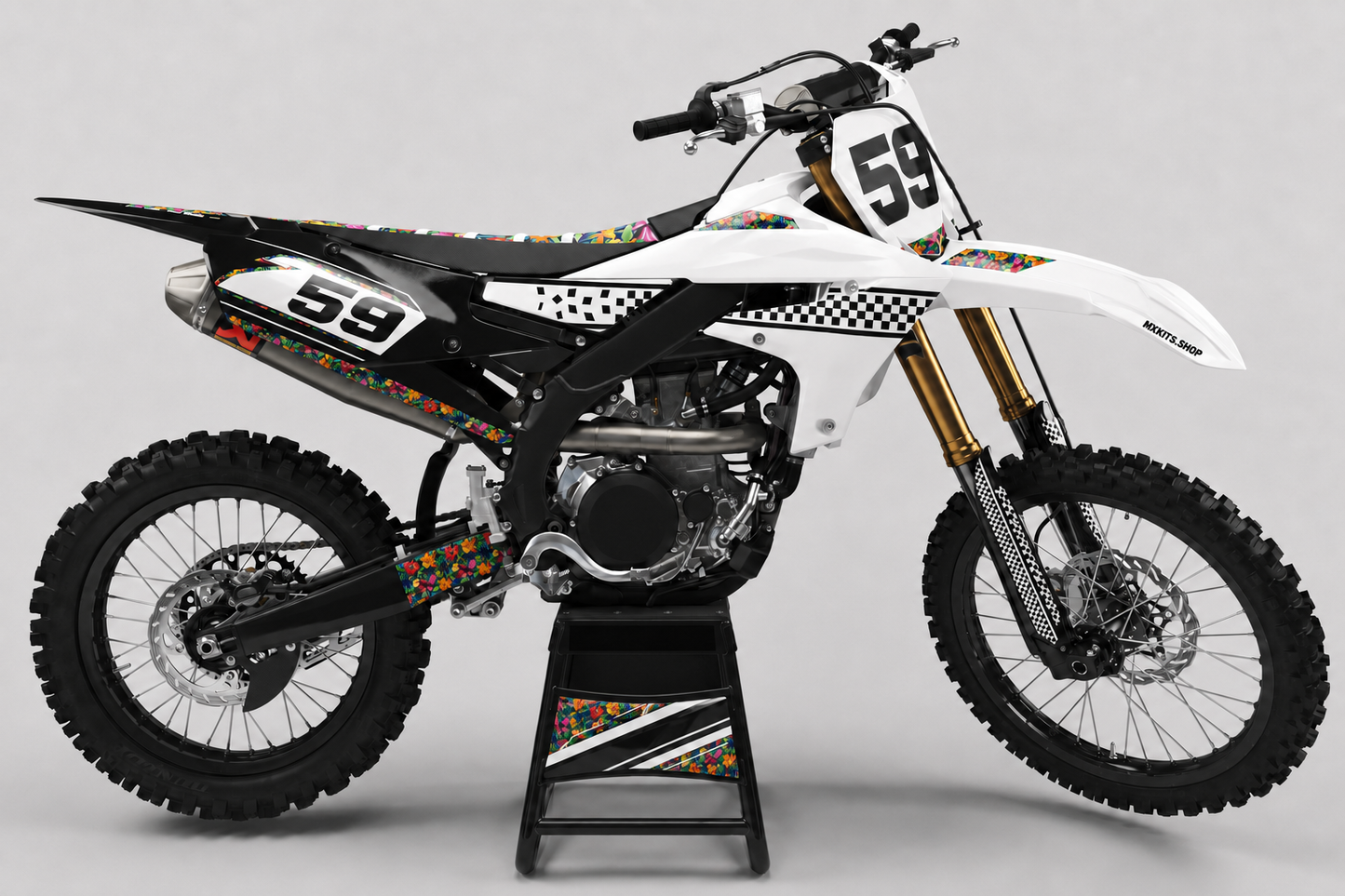 Sponsor-free black and white Yamaha motocross bike with tropical floral and checkerboard graphics and race number 59