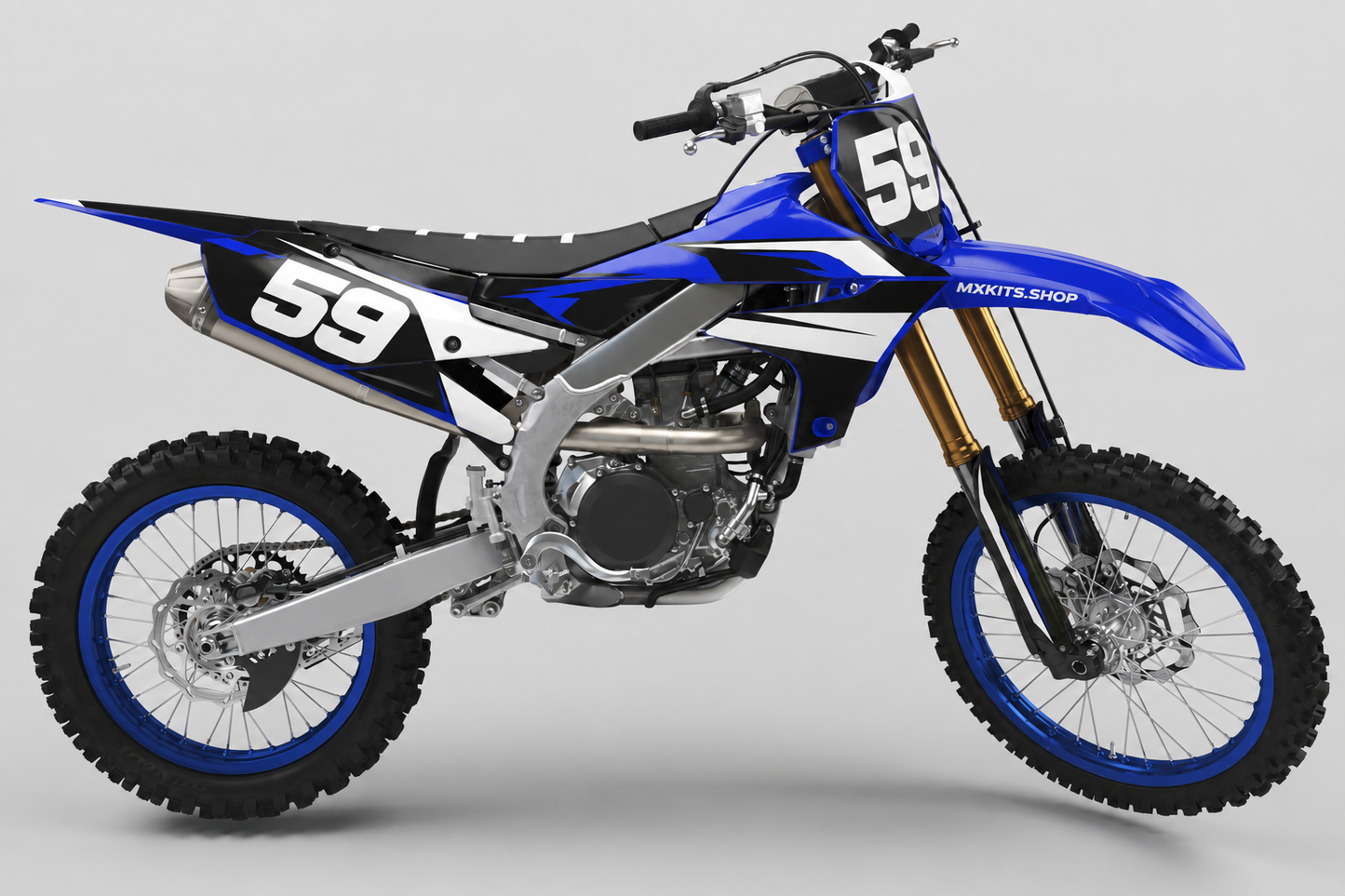 Sponsor-free Yamaha motocross bike with crisp blue, black and white Velocity Frame graphics and race number 59