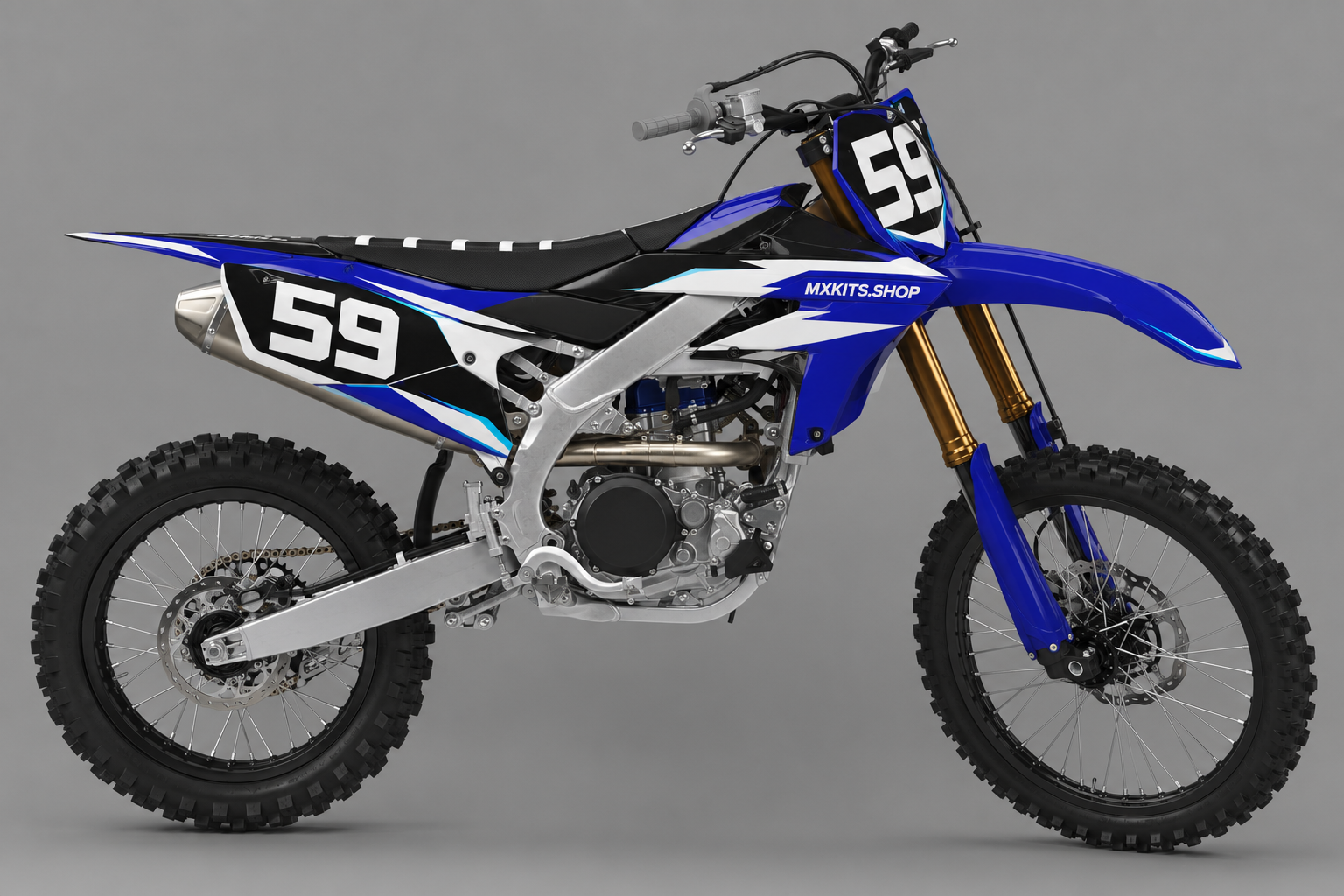 Sponsor-free dark royal blue black and white Yamaha motocross bike with Velvet Surge graphics, MXKITS.SHOP branding and race number 59