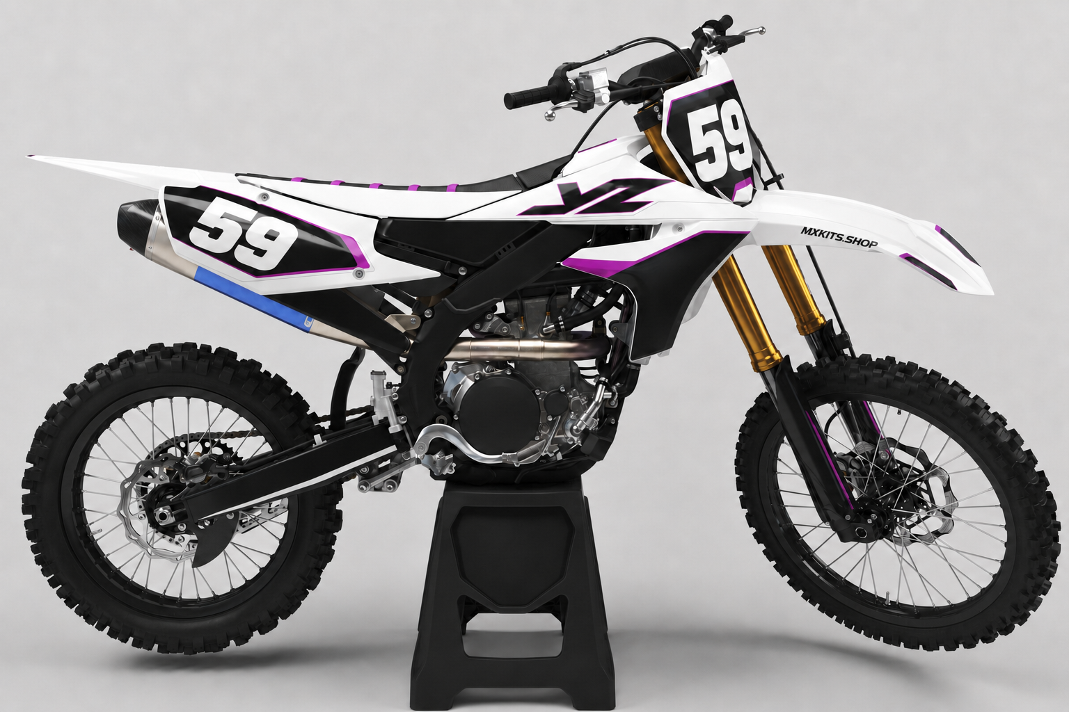 Sponsor-free white and black Yamaha motocross bike with violet edge graphics, MXKITS.SHOP branding and race number 59