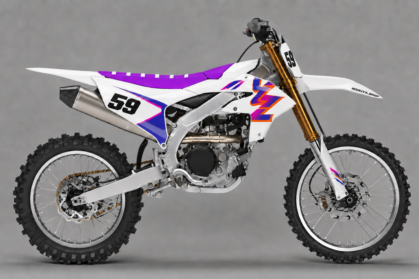 Sponsor-free white Yamaha motocross bike with violet seat and magenta blue orange retro graphics, MXKITS.SHOP branding and race number 59