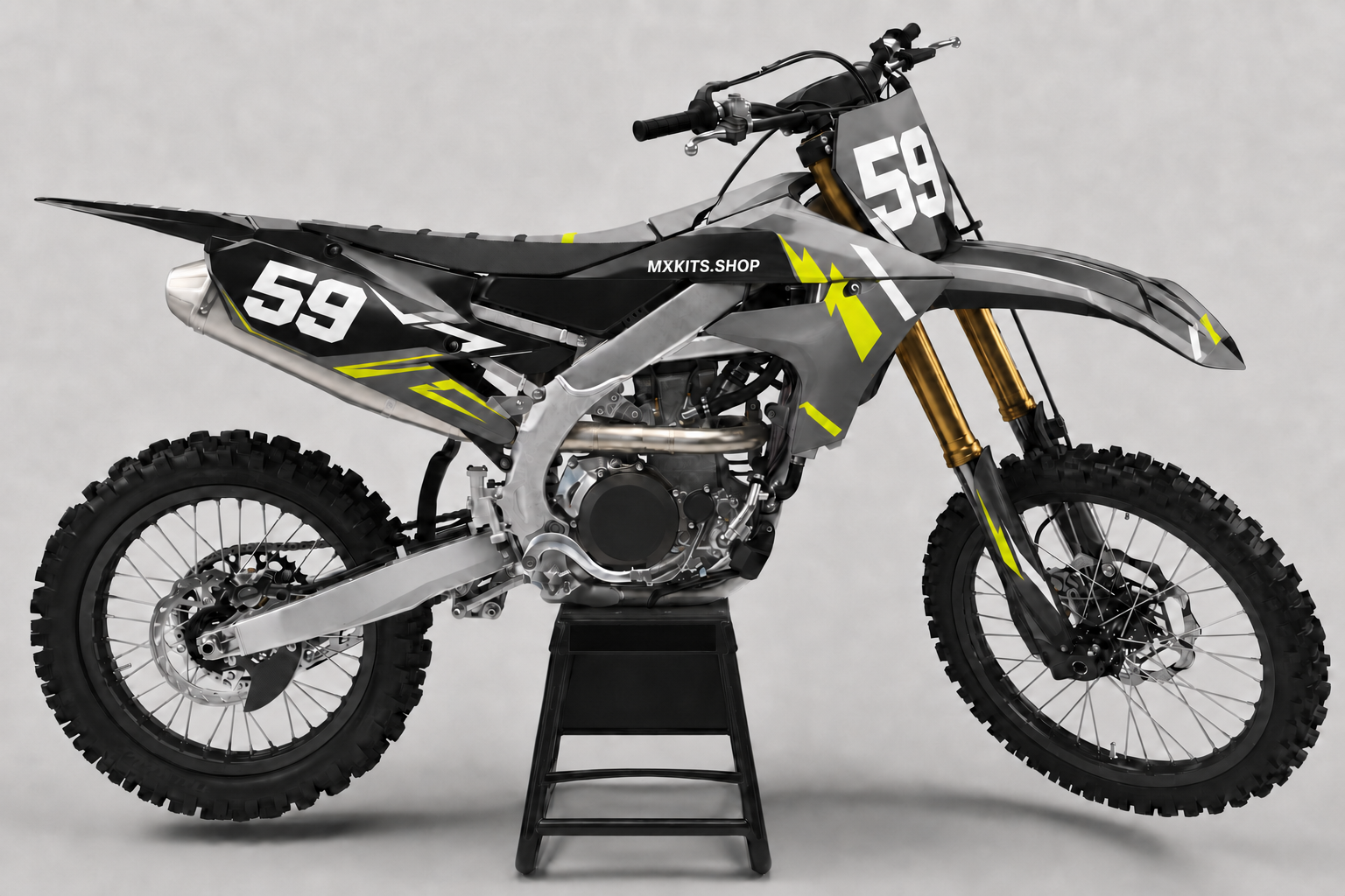 Charcoal and acid yellow Yamaha MX graphics kit shown on a motocross bike with number 59 and MXKITS.SHOP side branding