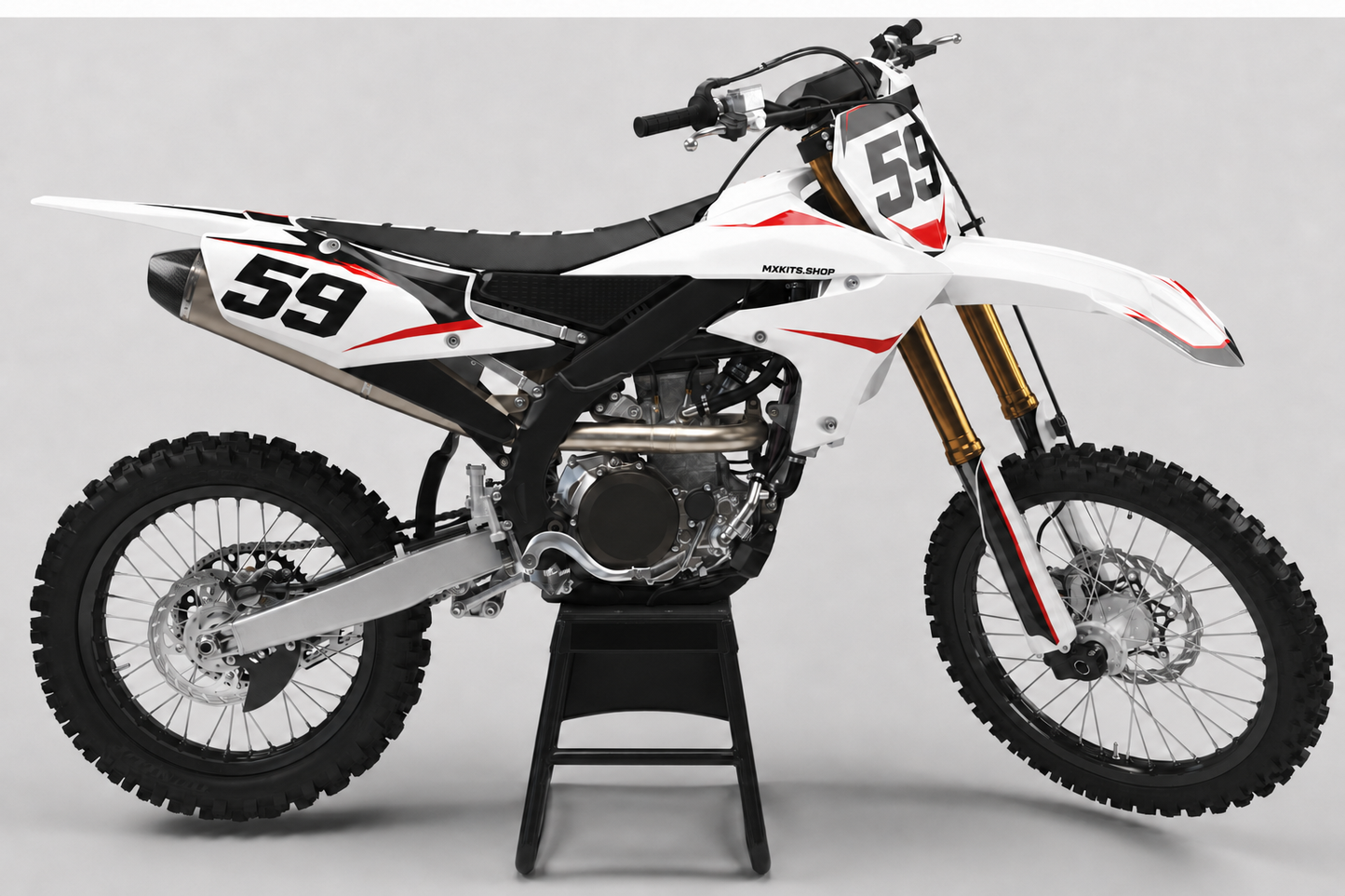 Sponsor-free white and black Yamaha motocross bike with slim red Whiteflare Rush graphics, MXKITS.SHOP branding and race number 59