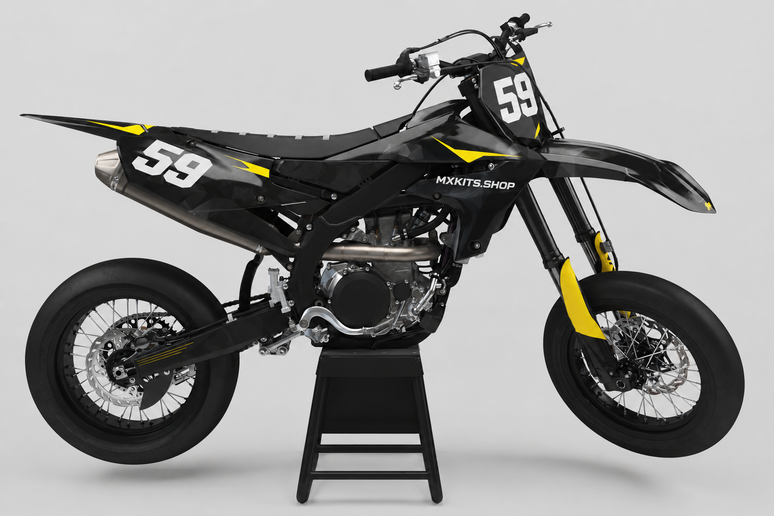 Sponsor-free black and charcoal Yamaha supermoto bike with yellow Vector graphics, MXKITS.SHOP branding and race number 59